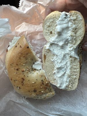 Look at all dat cream cheese  at Lenny's Bagels in Pelham