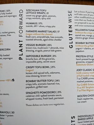 Menu at JOEY in Edmonton
