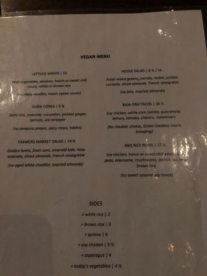 Vegan Menu at JOEY in Edmonton