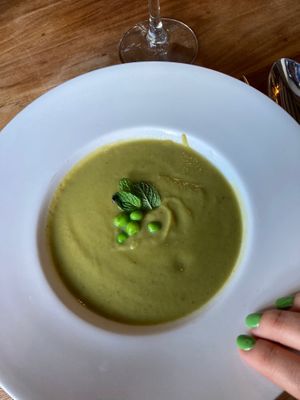 Hot pea soup with tons of flavor for a cold fall day. 🥣 at Corredera 55 in Vejer De La Frontera