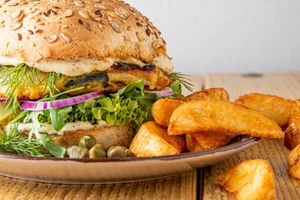 Scandinavian 'Vish' Burger with Potato Wedges at LoveBurger in Berlin