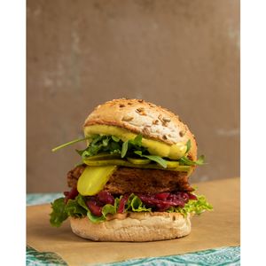 german style burger with BBQ soya steaks, caramelized red onions with cherries, pickles, lettuce and rocket salat - so yummy!! at LoveBurger in Berlin