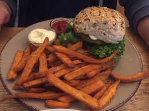 Indian burger with sweet potato fries at LoveBurger in Berlin