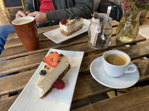 Cakes + espresso and oat milk cappucino.  at VegB12 in Tallinn