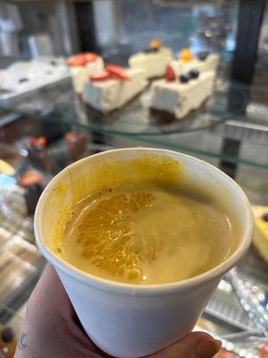 Turmeric latte and vegan pastries in the background.  at VegB12 in Tallinn