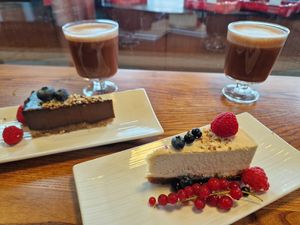 Raw lemon and chocolate-coffee cake plus hot chocolate at VegB12 in Tallinn