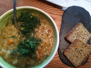 Soup and bread at VegB12 in Tallinn