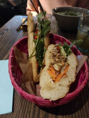 Bánh mì (spicy seitan and tofu, fried with lemongrass, crispy glass noodles, roasted rice, pickled radish and carrots, cucumber, coriander) at 1980 - Cafe and Banh Mi in Cologne