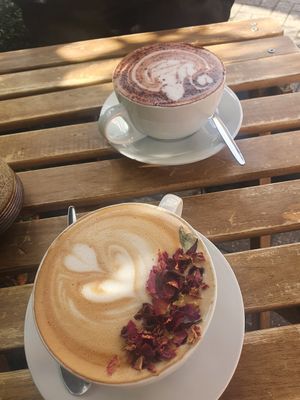 Orange hot chocolate and a rose latte ... delicious at Plantarium Cafe in Stratford-upon-avon