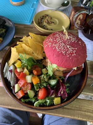 HERBIVORE BURGER - outstanding burger, amazing sauce and fantastic salad, we are already planning our next visit to have this again -5 stars all the way  at Plantarium Cafe in Stratford-upon-avon