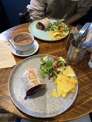 Shared tofu BBQ burrito   at Plantarium Cafe in Stratford-upon-avon