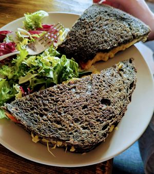 Toasties, made with charcoal bread 😊 at Plantarium Cafe in Stratford-upon-avon