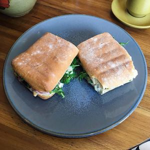 Vegan Steak (Tofu) on Ciabatta  at Plantarium Cafe in Stratford-upon-avon