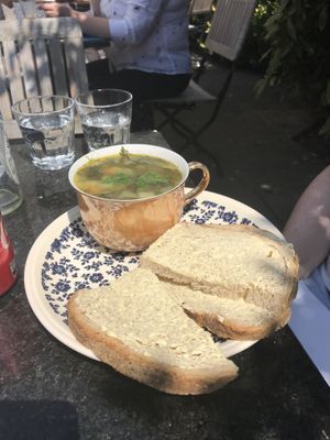 Soup of the day with sourdough  at Plantarium Cafe in Stratford-upon-avon