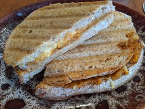 spicy pumpkin-vegan cheese toastie at Plantarium Cafe in Stratford-upon-avon
