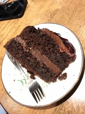 Chocolate cake ( cherry jam on top) at Plantarium Cafe in Stratford-upon-avon