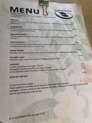 Menu selection as of Mar 2020 at Plantarium Cafe in Stratford-upon-avon