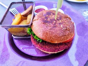 Beet burger & fries at Hotel Villa Magdalena in Krapinske Toplice