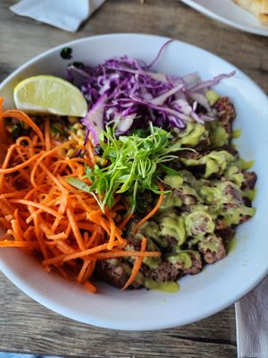 Vegan rice bowl at SeaQuake Brewing in Crescent City