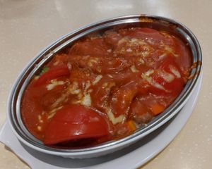 Baked Vegetarian Pork Chop Rice 芝士鮮茄焗豬扒飯 (Not vegan) at Good Vegetarian Restaurant 上善素餐廳 in Hong Kong Island