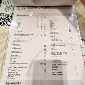 Drink menu- includes vegan hot chocolate at The Green Room in East Maitland