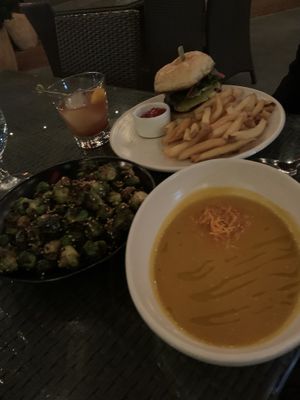 Brussel sprouts, squash soup, and impossible burger with vegan cheese at Root 246 in Solvang