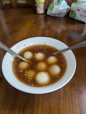 Black sesame glutinous rice balls in syrup at Su Shan Mian 素山面素食 - 雅仕苑店 in Chengdu
