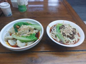 Dumplings and noodles in peanut chili oil at Su Shan Mian 素山面素食 - 雅仕苑店 in Chengdu