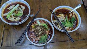 Dumpling soup and rice noodle soup with mixed veggies at Su Shan Mian 素山面素食 - 雅仕苑店 in Chengdu