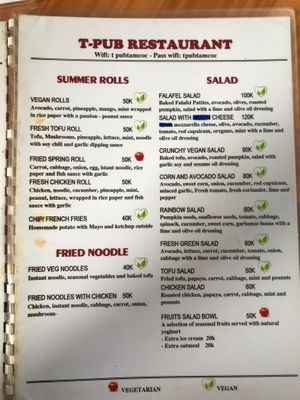 Menu at T-Pub in Ninh Binh