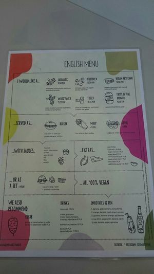 English menu at Krowarzywa in Bydgoszcz