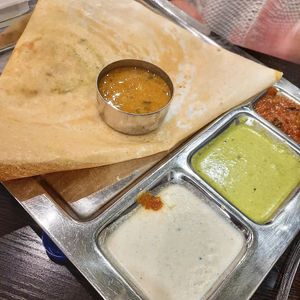 A dosa (onion masala, it had raw onion inside) at Saravana Bhavan in The Hague