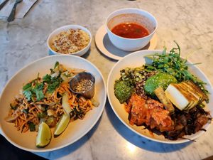 Glow Bowl, Mother Earth Bowl, Cauliflower Risotto, and the Daily Soup at Flower Child in Addison