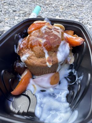 Apricot and almond muffin with soy yogurt (looked better initially but I got it to go)  at Biogstore in Nice