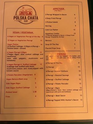 Menu potato onion, potato garlic, sauerkraut, mushroom sauerkraut,   at Polska Chata in Rochester