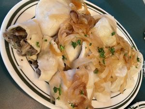 Mushroom stuffed Pierogi stuffed with onions, recommend  at Polska Chata in Rochester