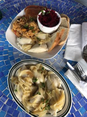 Plate of 6 vegan pierogi and the vegan platter  at Polska Chata in Rochester
