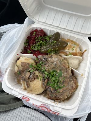 Pirogies, beet salad, mashed potatoes, veggie patties, mushroom gravy and a pickle!! $18 soo worth it!  at Polska Chata in Rochester