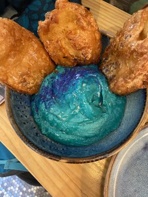 Blue spirulina hummus   at Avocado Love in Madrid