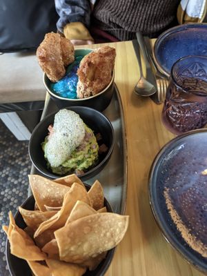 Blue Hummus and Guacamole with cilantro cloud at Avocado Love in Madrid