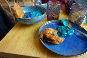 Blue hummus. Aubergine temoura at Avocado Love in Madrid
