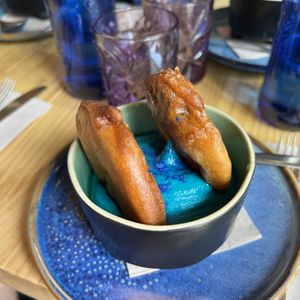 spirulina hummus with fried eggplant  at Avocado Love in Madrid