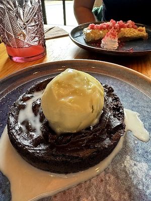 Brownie with avocado ice cream and vegan Baileys (contains alcohol) at Avocado Love in Madrid