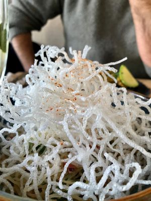 Two-texture noodles (before stirring) at Avocado Love in Madrid
