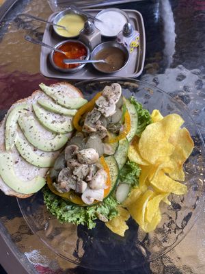 Dips are vegan (not the yellow one which they took back:)  at Atavico Cafe in Quito