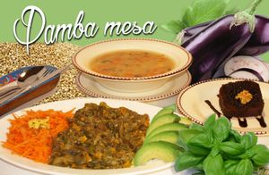 "Pamba mesa" is a vengan menu, it has quinua soup, pesto eggplant, carrot or chocolate cake and tea. It is a healthy and delicious combination. at Atavico Cafe in Quito
