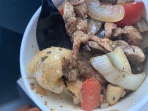 Loaded mac (peppers, onions, mushrooms, “steak” on top of mac & cheese)  at Refocused in Baltimore
