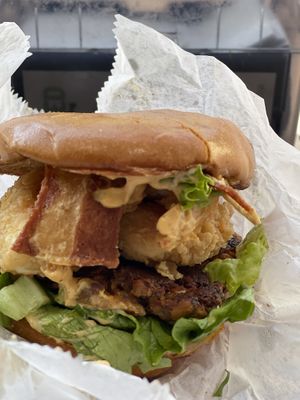 Shrimp and crab cake burger w/ added bacon  at Refocused in Baltimore