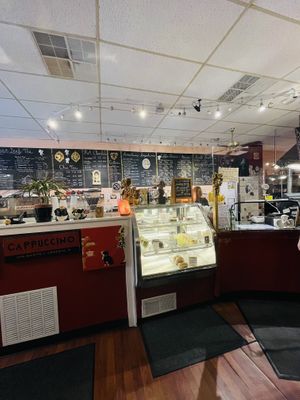 Register and display case at Caffe Amadeus in Indiana