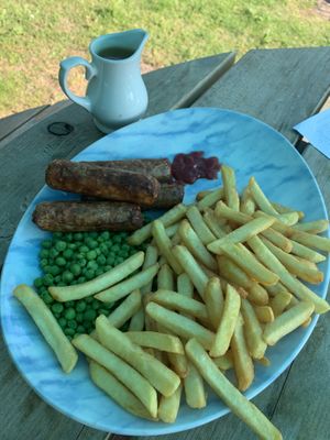 Vegan sausages and chips  at Inn on the Pond in Redhill